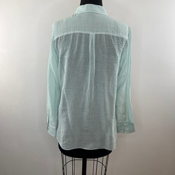THEORY Green White Straight Shirt Organic Cotton Stripe Button-Up Long Sleeve S - Picture 8 of 11